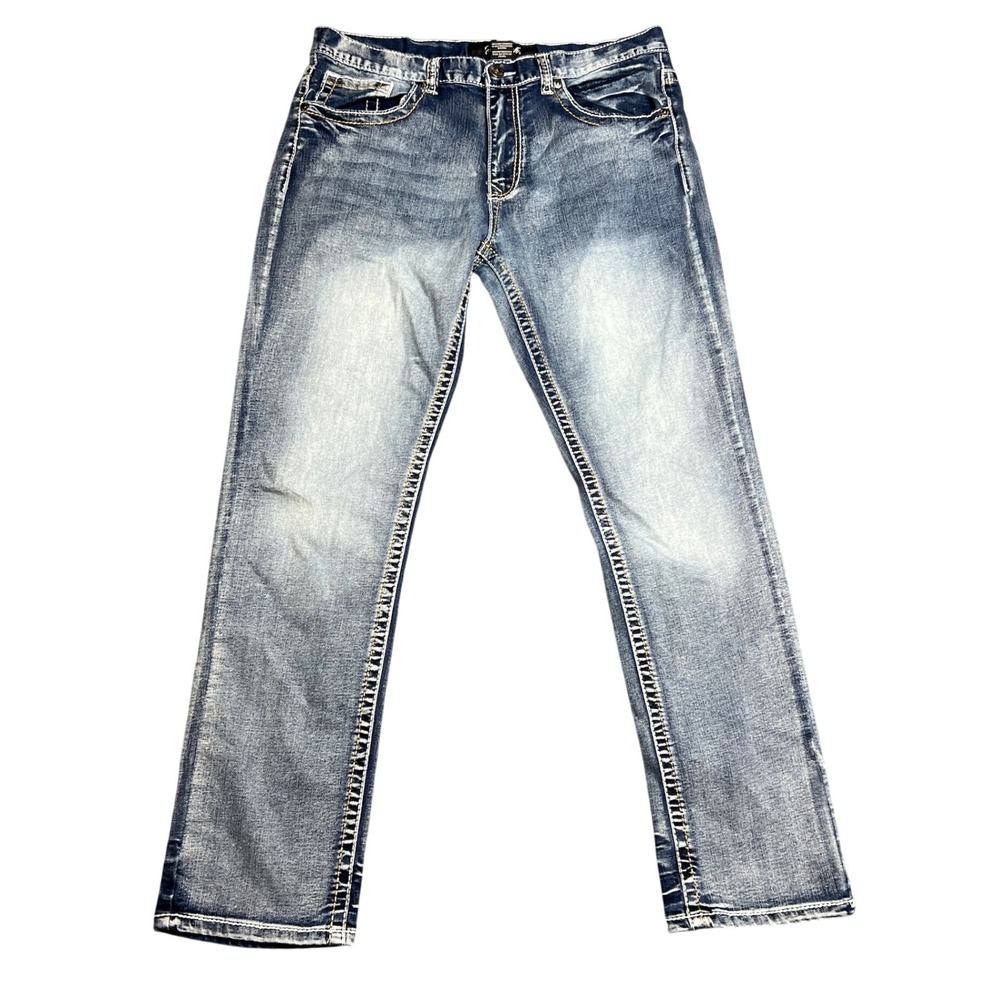 True Luck Men's 36x32‎ Jeans Blue Straight Leg Heavy Stitch Acid Wash TL23090602